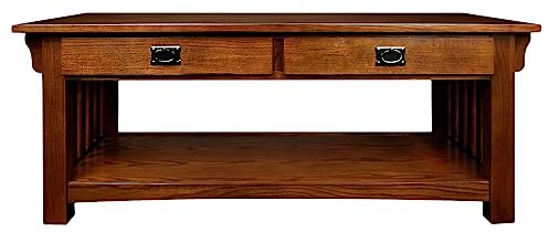Leick Home Mission Impeccable Coffee Table, Solid Wood with 2 Drawers & Shelf, Medium Oak Finish, Blackened Hardware, Slatted Sides, Easy Assembly, 48 in W x 24 in D x 19 in H, 8204