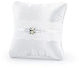 PartyDeco Coussin Porte-alliances avec Ruban en Dentelle et Rose, Toile, Blanc