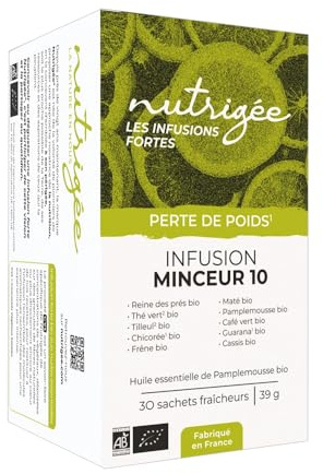 NUTRIGÉE - Infusion Minceur 10 Bio - Double Action - Brûle & Draine - Thé Vert, Café Vert, Guarana, Maté, Reine Des Prés, Bouleau, Frêne, Cassis, Chicorée - Concentrés Végétaux Solubles - 30 Sachets