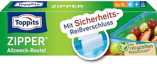 Toppits Zipper Allzweck-Beutel - 12 x 1L, Reißfeste Spezialfolie, Wiederverwendbar, Transparent, Ideal für Lebensmittelaufbewahrung und Reisen