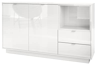 Vladon Sideboard Kommode Metro, Made in Germany, Korpus in Weiß Hochglanz/Fronten in Weiß Hochglanz mit Einsatz in Weiß Hochglanz