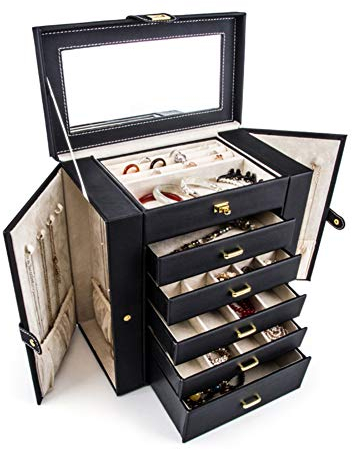 HM&DX Leder Schmuckkästchen Spiegel, Große Kapazität Aufbewahrungsbox Für Schmuck Mit Griff Schubladen Funktionale Schmuckschatulle Für Mädchen Damen-schwarz