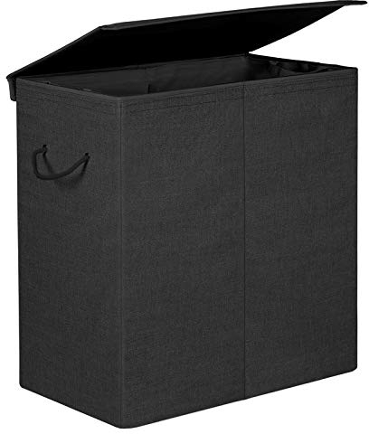 SONGMICS Wäschekorb, 142 L, 2 Fächer aus Leinenstoff, Trennwand für Kleidung mit magnetischem Deckel und Griffen, faltbar, herausnehmbarer Innentasche, Schwarz LCB02BK