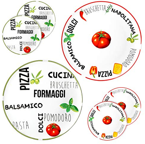 MamboCat - 6 piatti da pizza grandi, diametro 31 cm, 6 pezzi, rotondi, con scritte simpatiche, piatti da portata con fantasie, per 6 persone