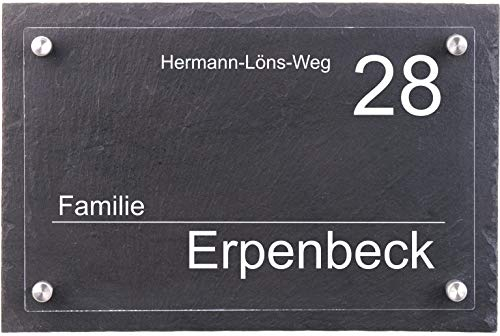 Haustürschild mit Gravur aus Schiefer und Acrylglas, Türschild mit Namen und Hausnummer, Familienschild für Wandmontage, inkl. 4 Edelstahl Abstandshaltern 30x20cm