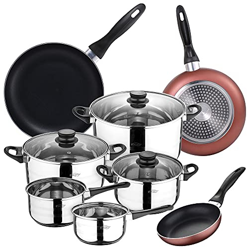 San Ignacio Set Batería de cocina de 8 piezas acero inoxidable + 3 sartenes Ø16/20/24 cm aluminio prensado, aptas para inducción, PK3361