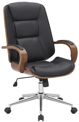 CLP Fauteuil de Bureau Yankton avec Coque en Bois Et Revêtement Similicuir I Chaise De Bureau Siège Rembourrés I Piètement Métal Couleur:Noyer/Noir