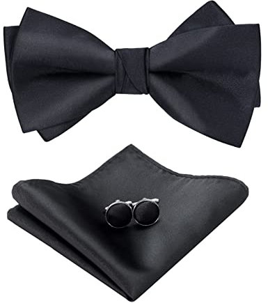 HOULIFE Ensemble nœud papillon pour homme - Nœud papillon réglable en satin polyester - Nœud papillon pré-noué - Mouchoir de poche uni - Boutons de manchette - Pour marié, mariage formel - Avec boîte