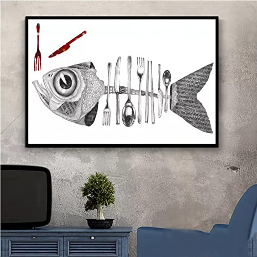 Canvas decorative print Save Food Sea Fish Poster Minimalist Knife Fork Canvas Painting Nordic Grey Art Print Wall Picture For Kitchen Living Room Decor 20x28inch