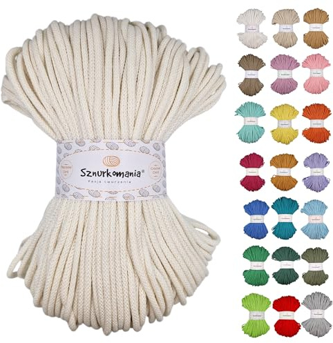 Sznurkomania, Geflochtene Baumwollkordel 5mm 100m, 46 Farben, Häkelkordel, Makramee Kordel, Makramee Garn, Premium Garn, Makramee Seil, (Ecru)