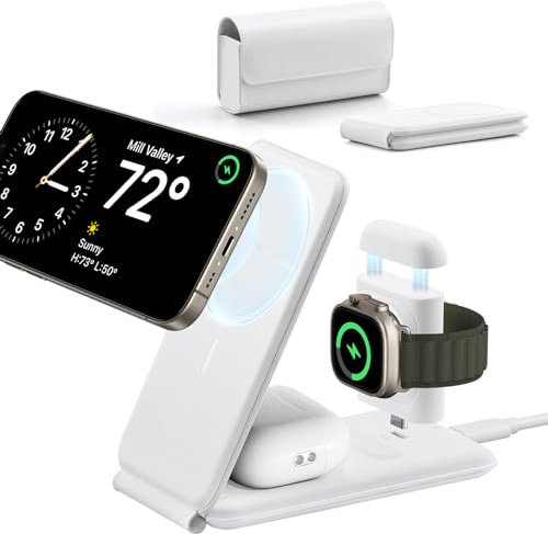 ESR 3-in-1 Travel Charging Station, MagSafe Charger, Made for Apple Watch Certified, Foldable Magnetic Wireless Charger for iPhone 17/16/15/14/13/12 Series, AirPods 4/3/AirPods Pro, White