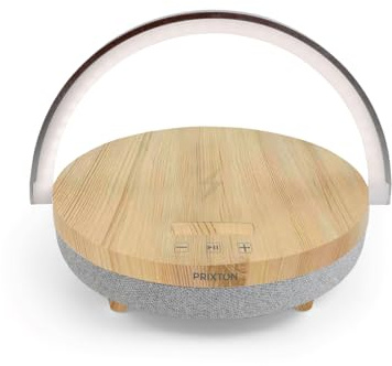 Prixton Enceinte connectée- Speaker Light Lampe LED Multifonction sans Fil Chargeur d'enceinte Bluetooth Contrôle Tactile de l'enceinte Bluetooth 3 Niveaux d'éclairage graduables (Bois)