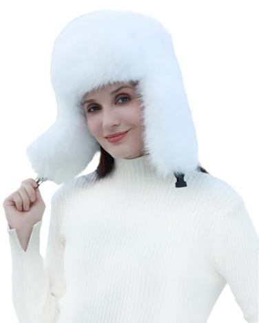 Lina & Lily Cappello Aviatore Trapper Donna Invernale in Pelliccia Sintetica Pelo Lungo (Bianco)