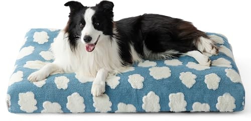 LE SURE Cute Large Dog Bed for Crate-Thick Shredded Chopped Foam Pet Bed Indoor with Removable Washable Cover, Modern Fuzzy Plush & Anti Slip Bottom, Blue