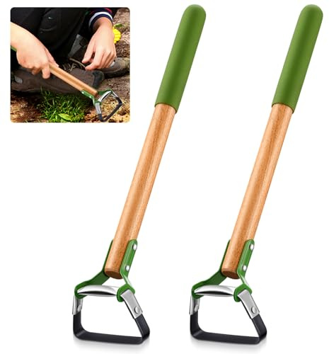 Leriton 2 Pcs Mini Garden Hula Hoes for Weeding 17 Inch Long Stirrup Hoe Tools Scuffle Hoe Garden Tool for Lawn Yard Weeding Gardening with Wood Handle