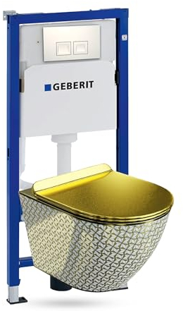 Lavita Duofix Basic Vorwandelement + Wand Tiefspül WC Sofi Slim Golden Never Die Spülrandlos + WC Sitz + Bedienplatte Delta 25 Weißer Knopf Komplettset Unterputz Spülkasten Toilette Komplett Sett WC