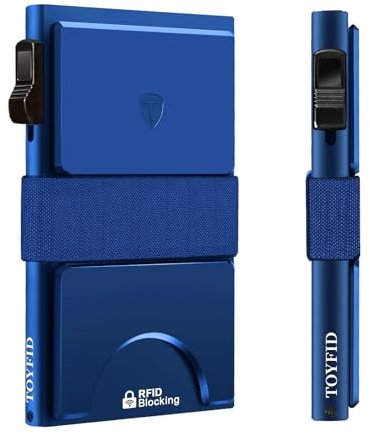 TOYFID Smart Wallet für Herren 12 Karten Papiergeld Organizer RFID Blockierende Kartenhülle,Ultradünner Metall Kartenhalter mit Auswurftaste Schneller Zugriff auf Bank Kredit Karten,Aluminium,Blau