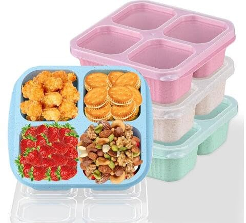 Puedno 4 Pack Snack Containers with 4 Compartments Bento Snack Boxes Reusable Divided Lunch Containers Food Storage Containers for School Work Travel