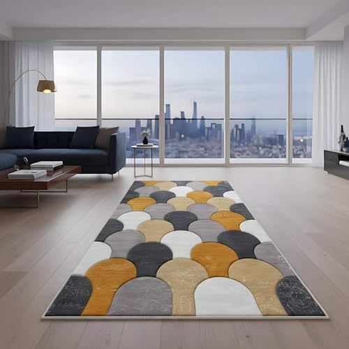 LIKE IT MORE Modern Teppich für Wohnzimmer, Schlafzimmer, Küche und Flur - Waschbarer Rutschfester Teppichläufer - Großer Teppich Läufer Beige Grau Blau Weiß 80x300 (Merkur Dunkelgelb)