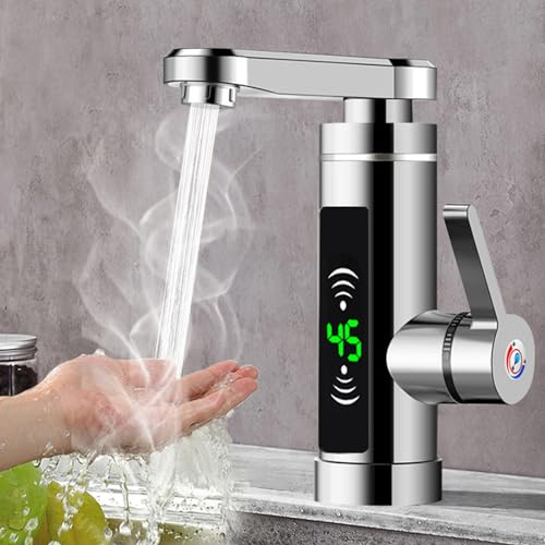 Chauffe-eau électrique instantané - En acier inoxydable - Avec affichage de la température LED - Robinet électrique rotatif à 360° - Pour cuisine de camping, camping-car, cuisine, garage, hall - 3 kW