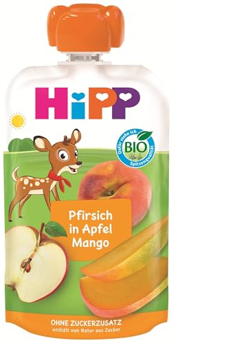 HiPP Bio Quetschie Pfirsich in Apfel Mango - Rosi Reh (8 x 100g), ab 1 Jahr, 100% Fruchtpüree, ohne Zuckerzusatz, vegan, in bester Bio-Qualität