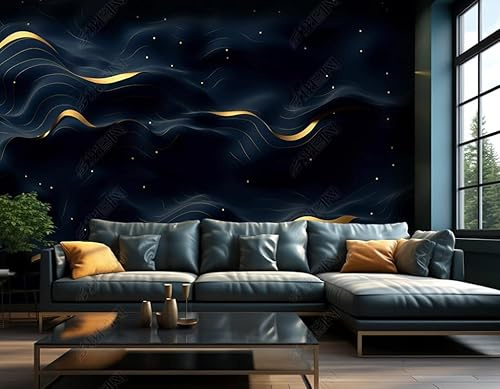 Papier Peint Intissé Paysage Abstrait En Or Noir Décoration Murale Poster Tableaux Muraux Tapisserie Photo Trompe L'Oeil Salon Chambre Art Mural 200Cm(L) X140Cm(H)
