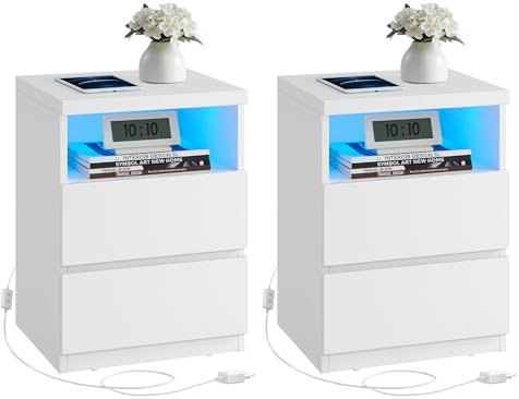 VASAGLE Nachttisch 2er Set, mit Verstellbarer LED-Beleuchtung, Beistelltisch mit Schubladen, Schubladenschrank, Nachtschrank für Schlafzimmer, Wohnzimmer, moderner Stil, wolkenweiß LET834W01