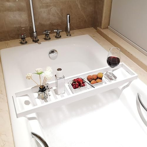 Separador de bandeja extensible para baño, bandeja de bañera para bañeras decorativas, para spa de lujo o lectura, regalos únicos de inauguración de la casa (blanco)