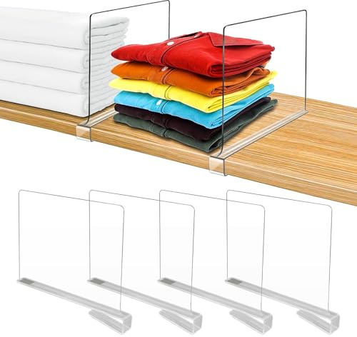 ASSRECT 4PCS Shelf Dividers for Wardrobe Transparent Closet Organizer Divider Adjustable Clothing Organizer for Clothing Storage, Kitchen Cabinets, Bookcases