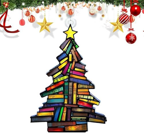 Christmas Book Suncatcher Ornament 2025 - Stained Acrylic Artsy Pendant Hanger for Tree Decoration - Bookish Gift for Book Lovers