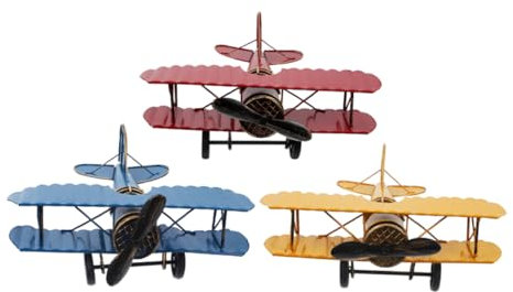GRIRIW 3stücke Vintage Eisen Flugzeugmodell Retro Airplane Deko Metall Kunstwerk Für Wohnzimmer Büro Tischdekoration Groß Blau Gelb Rot