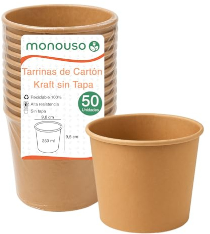 Greenuso Monouso | 50 Tarrinas de cartón I 12Oz/350ml I Ø9cm I Envase para Comida, Sopa, Cremas, Color Kraft, Apto para Microondas, Sin tapa