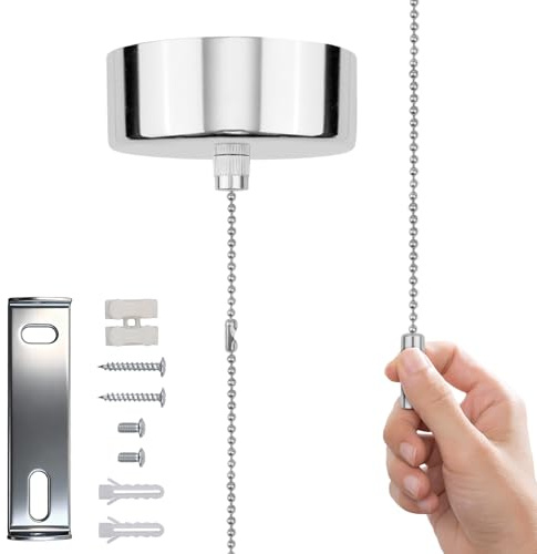 Pull Cord Light Switch Bathroom, Bathroom Pull Cord Ceiling Switch with Chrome Cylindrical Handle, 150Cm Chain Kit for Utility Room Chandeliers Accessories(Chrome)