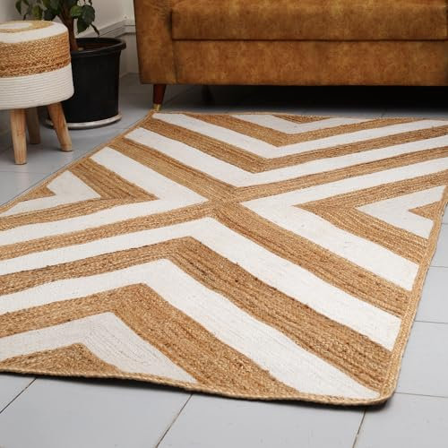 KSJONE Handmade Braided Rectangle Chindi 100% Recycled Jute and Cotton Rag Rugs Kitchen Living Room Décor Hand Woven Colorful Indian Rag Rugs (Jute: 150 x 210 cm) (Design 2)