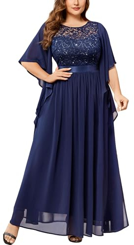 MISSMAY Women's Plus Size Elegant Butterfly Sleeve Chiffon Sequin Lace Bodice Evening Party Long Dress
