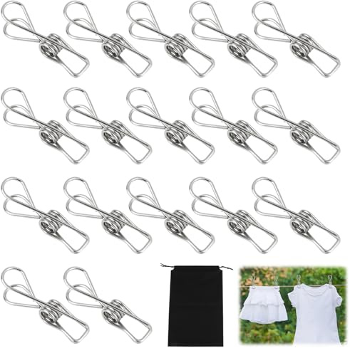 100 Pcs Pince a Linge INOX, Pinces à Linge en Acier Inoxydable, Pince à Linge Metal, Epingle a Linge Multi-Usages avec 1 Sac de Rangement Noir pour Vêtements, Pantalons, Serviettes (1.3x6cm)