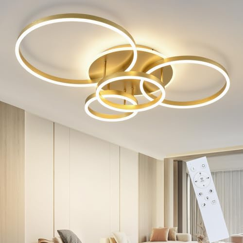 ZMH LED Deckenlampe Deckenleuchte Wohnzimmer 98CM Wohnzimmerlampe dimmbar | Modern Design 90W groß Schlafzimmerlampe mit Fernbedienung Gold 4 Ring aus Acryl Deckenbeleuchtung für Schlafzimmer Küche