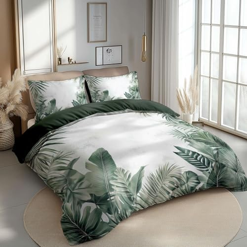 Juego de Fundas Nórdicas Suave 3 Piezas para Cama 135/150 - Hojas de Palma de Plantas Verdes Patrón Funda Edredón Poliéster Algodón 220 x 240 cm + 2 Funda de Almohada 50x75, Verde Oliva