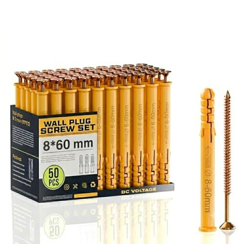 50 Pcs Screws And Yellow Wall Plugs Set, Anchor Bolts Assorted,Heavy Duty Rawlplug Mixed Sizes Assortment (8mm*60mm),Fasteners For Brick,Masonry,Plasterboard Fixings,Tv Bracket,Plaster