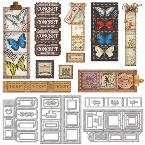 GLOBLELAND Briefmarken Metall Stanzschablone Tickets Lesezeichen Papierpräge Stanzschablonen Set Stanzformen für Kartenherstellung DIY Papier Scrapbooking Handgefertigtes Fotoalbum