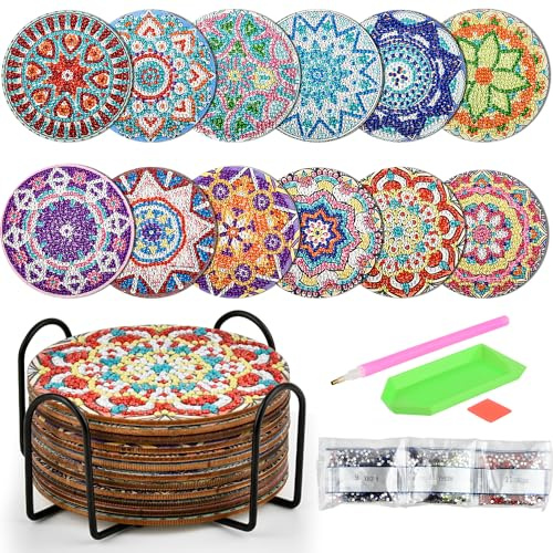 OctBird 12 Posavasos para Pintar de 10 CM Posavasos de Pintura Diamantes Painting Redondos Antideslizantes Vasos con Soporte y Herramientas, Kits de Pintura de Diamantes para Principiantes, Adultos