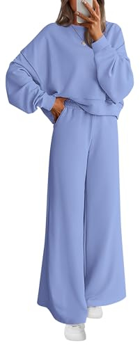 PRETTYGARDEN 2-teiliges Damen-Outfit 2026 Frühlings-Sweatsuits, Rundhalsausschnitt, Sweatshirt mit weitem Bein, Lounge-Sets, Trainingsanzug, Hell, blau, XL