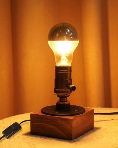 Lamptobe Vintage Industrial Table Lamp Base with LED Bulb, Wooden E27 Table Desk Light, Retro Rustic Steampunk Bedside Lamp with UK Plug for Living Room, Bedroom, Cafe Bar Office