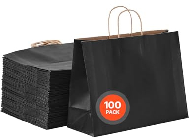 VEVOR Kraftpapperspåsar med handtag 406 x 152 x 308 mm, stora shoppingpapperspåsar, för födelsedagar, bröllop, affärer, godis, shoppingpapperspåsar, svart, 100 stycken