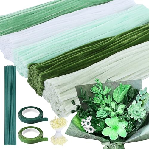 Niuny Limpiapipas Manualidades 500PCS Limpia Pipas 5 Colores Pipe Cleaner Tallos de Chenilla Kit de Flores de Limpiapipas Verde con Tallo Floral Artificial Estambres Cintas Adhesivas para Ramos DIY