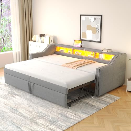 Merax Ausziehbares Schlafsofa 90/180x200 cm, Multifunktionale Staufächer, LED-Licht & USB-Buchse, mit Lattenrost, Hellgrau (ohne Matratze)