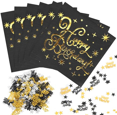 50 Stück Servietten Happy Birthday Schwarz - 33x33cm Servietten Geburtstag Happy Birthday Paper Napkins Geburtstag Tischdeko, mit 10g Geburtstag Konfetti für Junge Mädchen Party Deko