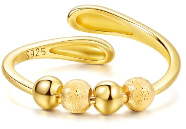 FUNTE® Gold Anxiety Rings for Women 18K Gold Fidget Rings Adjustable Gold Ring Thumb Rings for Stress Relief Five Spinner Beads Rings(With Gift Card & Box)