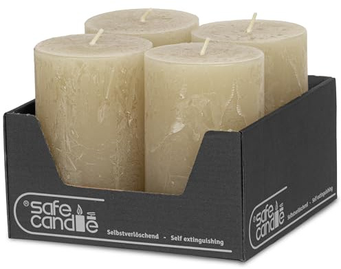 DecoLite Stumpenkerzen Rustik 11 x 7 cm 4er Set, 51h, Beige Sahara | Made in Germany, RAL-zertifiziert, durchgefärbte Rustik Kerzen, ruß- & tropffrei, für Hochzeit & Gastronomie, selbstlöschend
