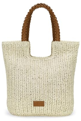 BOSANOVA Bolso Shopper para Mujer confeccionado en Rafia Trenzada con Franjas y Asas de Hombro Trenzadas. Cierre con imán metálico. Beige U